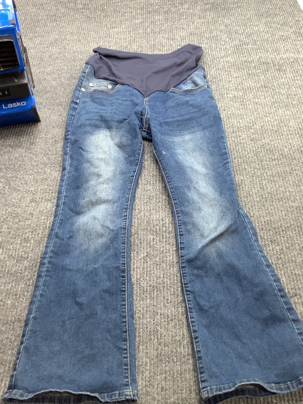 Dark Blue Maternity Flare Jeans with Overlap Waist Panel
